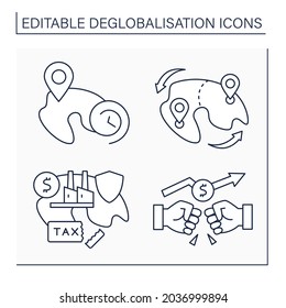 Deglobalisation line icons set. Trade war, localized future, land redistribution, protectionism. World economy concept. Isolated vector illustrations. Editable stroke