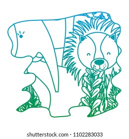 degraded line adorable elephant and lion animals in the forest