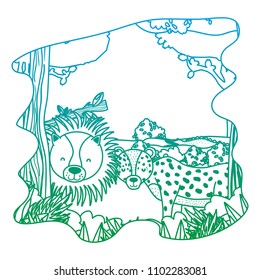 degraded line adorable lion and leopard friends animals in the forest
