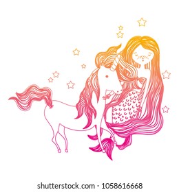 degraded line beauty woman siren with nice unicorn