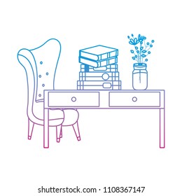 degraded line books and flowers vase in the desk and chair
