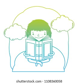 degraded line boy sitting and reading book in the landscape