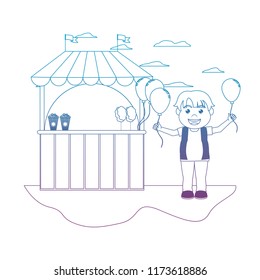 degraded line carnival shop with boy balloons design