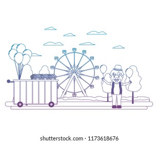 degraded line carnival shop car and clown boy