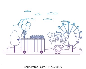 degraded line carnival shop car and clown girl