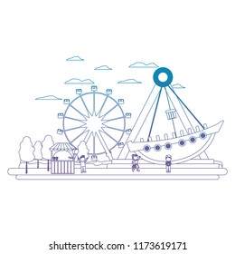 degraded line carnival shop with children and mechanical ship ride