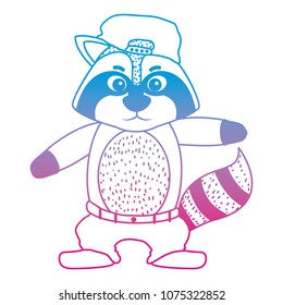 degraded line character raccoon animal with cap and pant