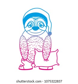 degraded line character sloth animal with slipper and slepping cap