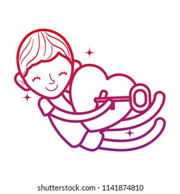 degraded line child boy sleeping with heart padlock and key