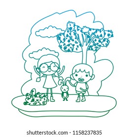 degraded line children playing with cute rabbit in the forest