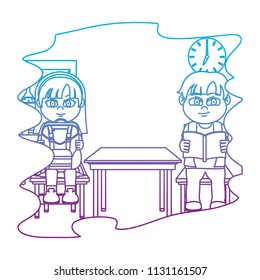 degraded line children students sitting chair and desk