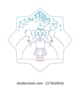 degraded line clown girl with balloon and party flags inside star