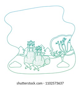 degraded line cute couple sheep animal with hat