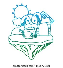 degraded line cute dog with house in the float island