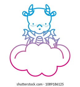 degraded line cute dragon with horns and wings in the clouds