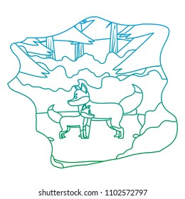 degraded line cute fox animal with his son in the landscape