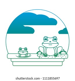 degraded line cute frog couple wild animal in the landscape
