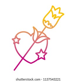 degraded line cute heart with beauty rose and stars