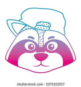 degraded line cute raccoon head animal with cap