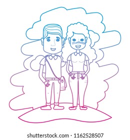 degraded line cute woman and man couple in the landscape