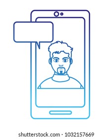degraded line elegant man inside smartphone with chat bubble