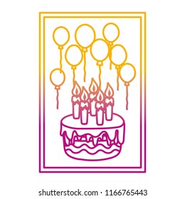degraded line frame with cake candles and balloons birthday