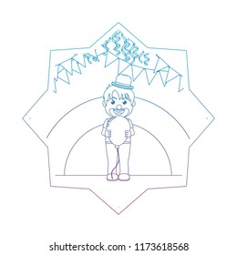 degraded line funny clown boy with balloon and party flags inside star