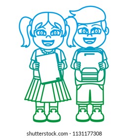 degraded line girl and boy with book and backpack utensils