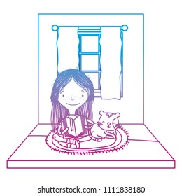 degraded line girl reading book with cat and window
