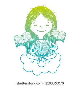 degraded line girl sitting in the cloud and reading books