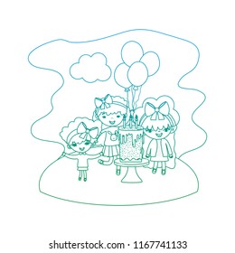 degraded line girls children with balloon and cake in the landscape