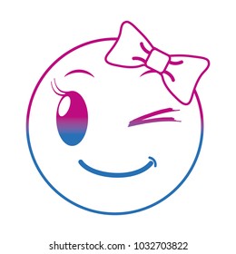 degraded line good female emoji expression with ribbon bow