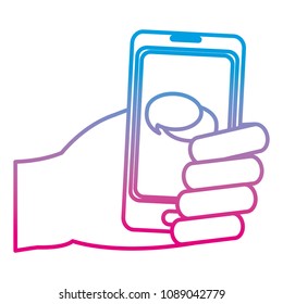 degraded line hand with chat bubble inside smartphone technology