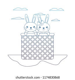degraded line happy couple rabbit animal inside hamper