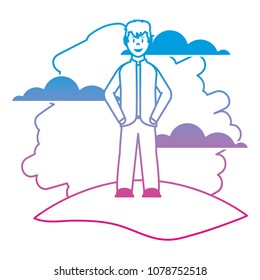 degraded line happy man with clothes and hairstyle in the landscape