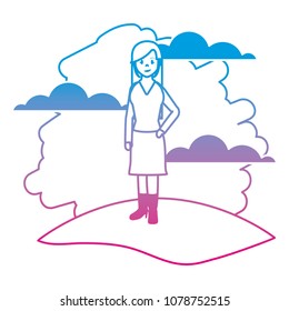 degraded line happy woman with clothes and hairstyle in the landscape