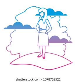 degraded line happy woman with hairstyle and clothes in the landscape