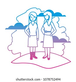 degraded line happy women friends with hairstyle in the landscape
