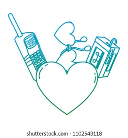degraded line heart with walkman music player and telephone