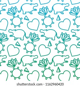 degraded line hippopotamus with tropical plants and sun background