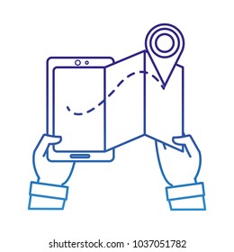 degraded line man hands with smartphone with map and location symbol