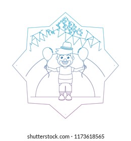 degraded line nice clown boy with balloon and party flags inside star