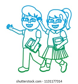 degraded line nice girl and boy children with book utensil