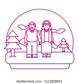 degraded line old couple with hands together in the landscape