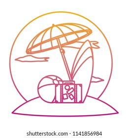 degraded line open umbrella with beach ball and surfboard