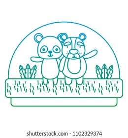 degraded line panda and bear friends animal in the countryside