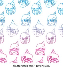 degraded line people head with party hat and mask background