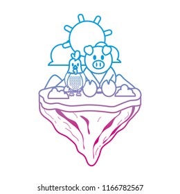 degraded line rooster and pig friends in float island