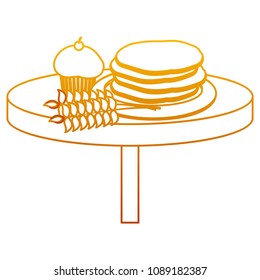 degraded line tasty waffles and muffin with wheat plant in the table