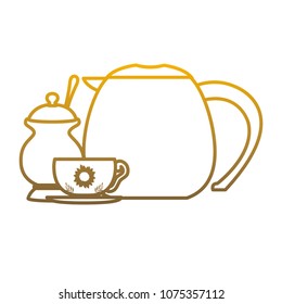 degraded line teapot object with aromatic cup and sugar